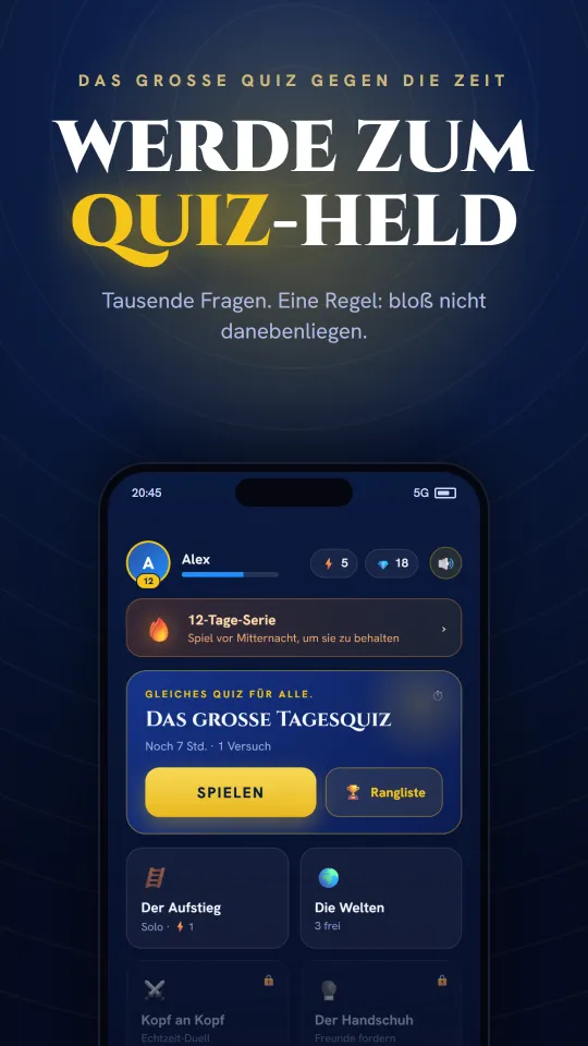 Startbildschirm der Trivia-Hero-App: Quiz auf Zeit, tägliche Serie und das große Tagesquiz.