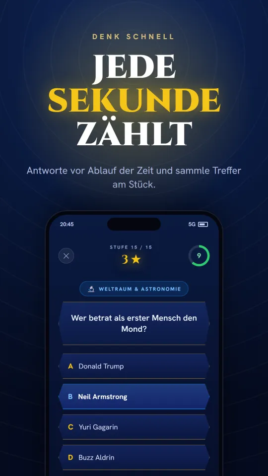 Frage auf Zeit in der Trivia-Hero-App: Antworte, bevor die Uhr abläuft.