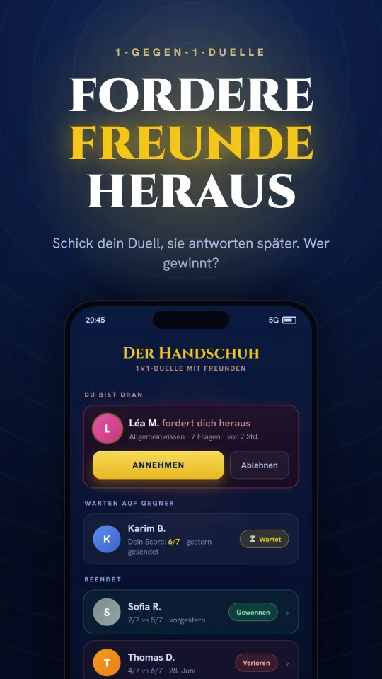 Das Duell in der Trivia-Hero-App: Tritt im 1-gegen-1 gegen deine Freunde an.