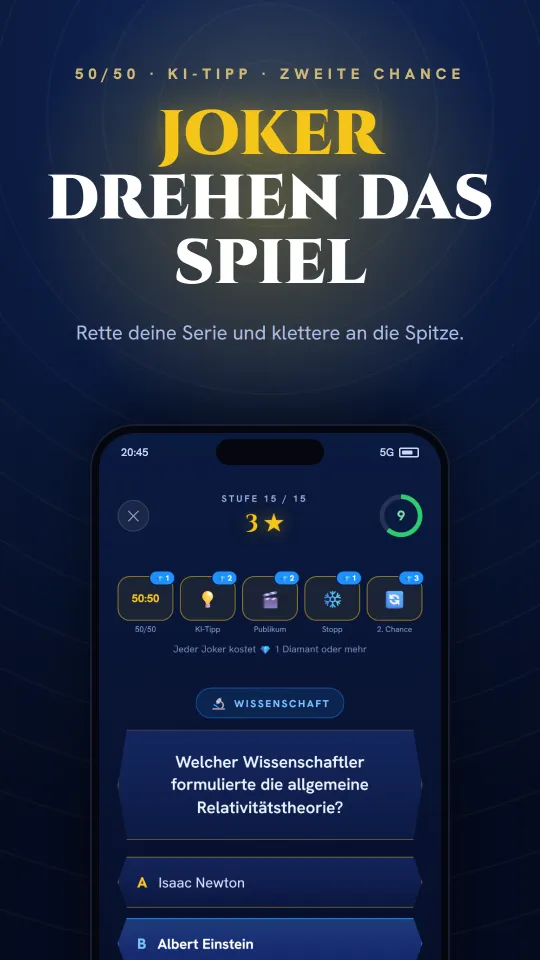 Joker in der App: 50/50, KI-Tipp und zweite Chance, um deine Serie zu retten.