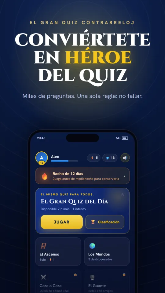 Pantalla de inicio de la app Trivia Hero: quiz contrarreloj, racha diaria y el Gran Quiz del día.
