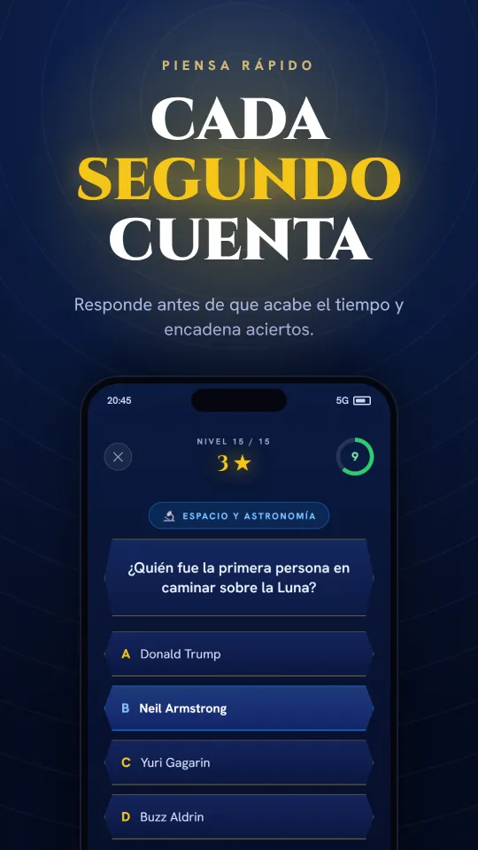 Pregunta contrarreloj en la app Trivia Hero: responde antes de que acabe el tiempo.