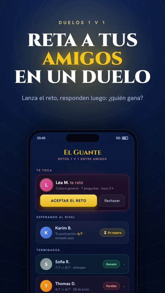 El Desafío en la app Trivia Hero: reta a tus amigos en un 1 contra 1.