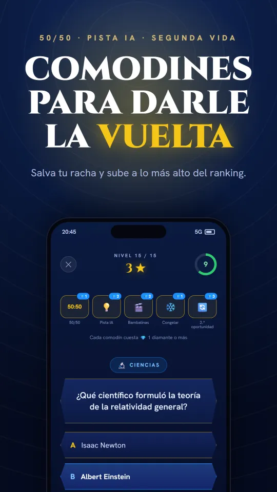 Comodines en la app: 50/50, pista con IA y segunda oportunidad para salvar tu racha.