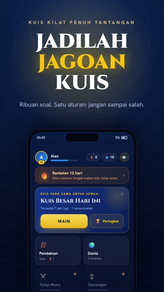 Layar utama aplikasi Trivia Hero: kuis berwaktu, streak harian, dan Kuis Harian Akbar.