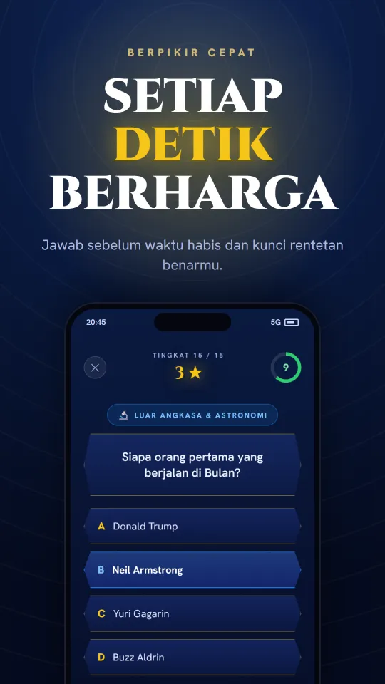 Pertanyaan berwaktu di aplikasi Trivia Hero: jawab sebelum waktu habis.