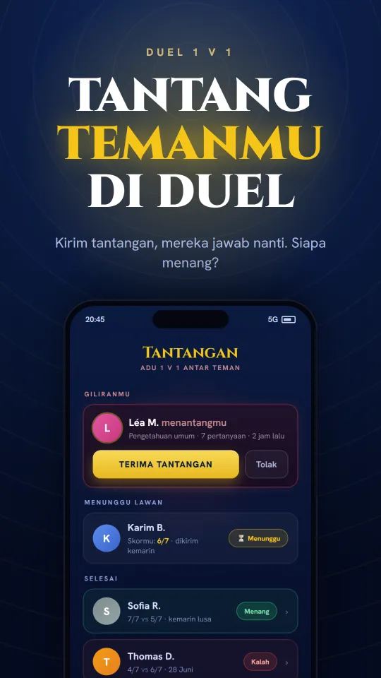 Duel di aplikasi Trivia Hero: tantang temanmu 1 lawan 1.