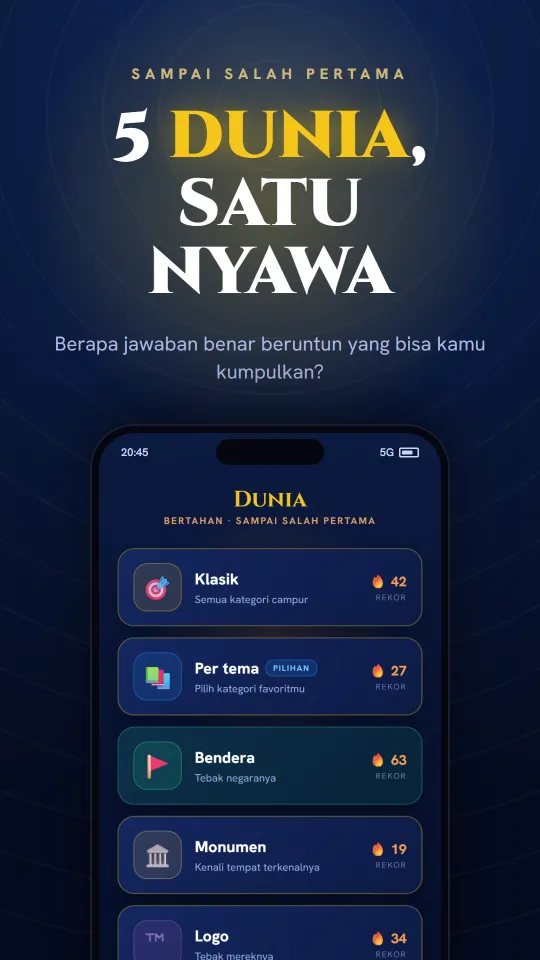 Mode bertahan Dunia: jawab benar beruntun sampai kesalahan pertama.
