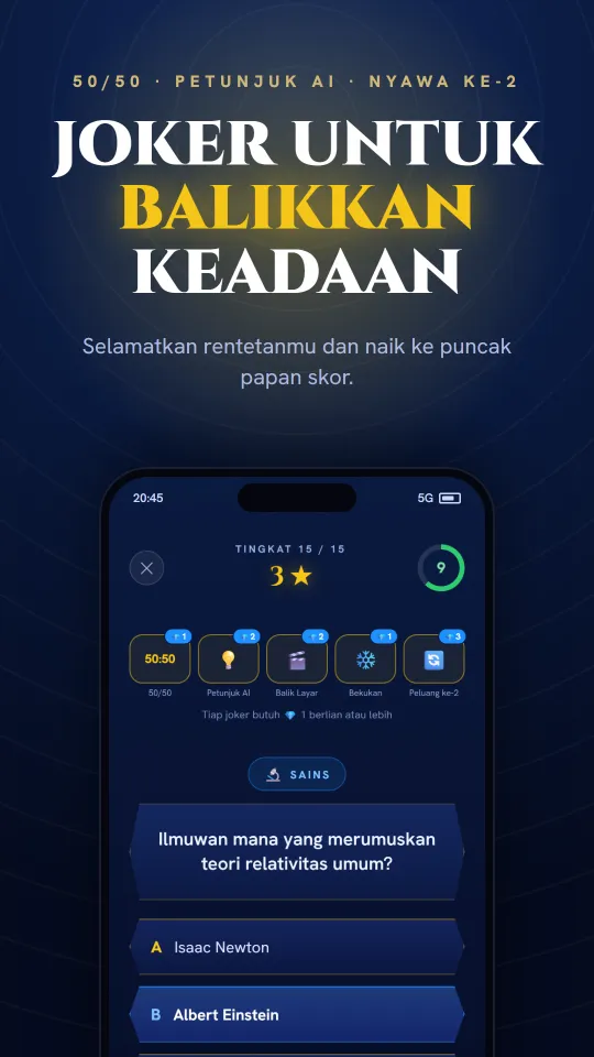 Joker dalam aplikasi: 50/50, petunjuk AI, dan kesempatan kedua untuk menyelamatkan streak.