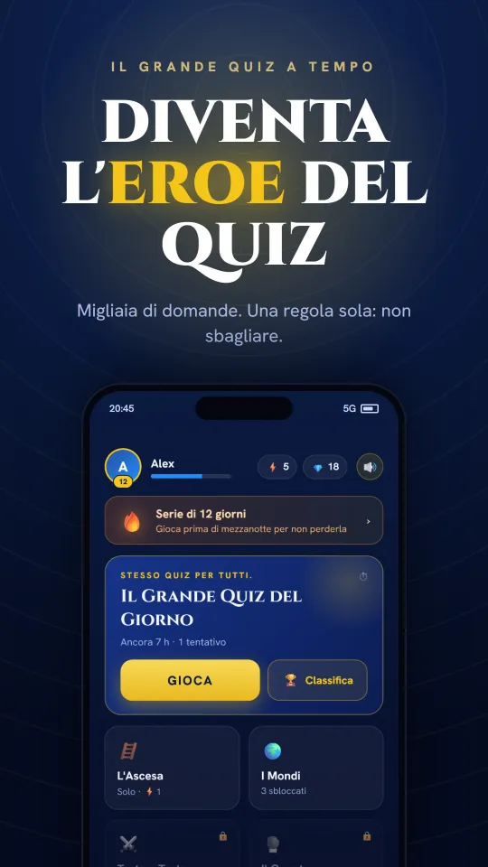 Schermata iniziale dell'app Trivia Hero: quiz a tempo, serie giornaliera e il Grande Quiz del giorno.