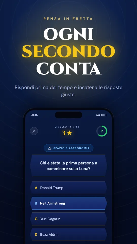 Domanda a tempo nell'app Trivia Hero: rispondi prima che scada il tempo.