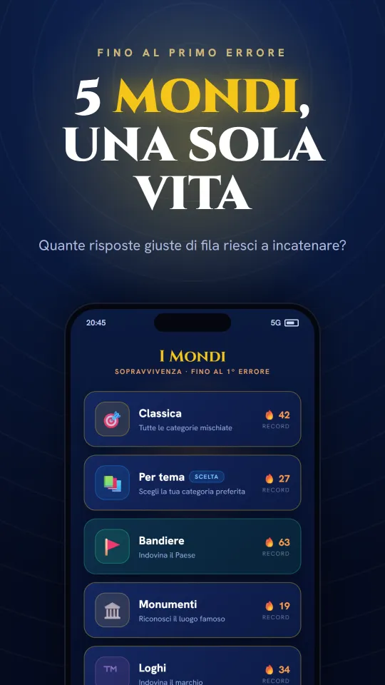 La modalità sopravvivenza dei Mondi: infila risposte esatte fino al primo errore.