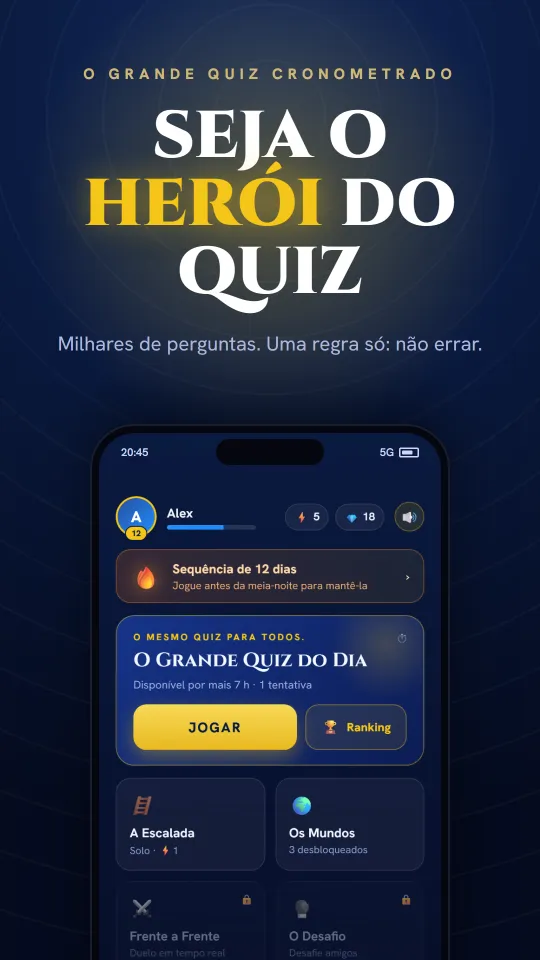 Tela inicial do app Trivia Hero: quiz cronometrado, sequência diária e o Grande Quiz do dia.