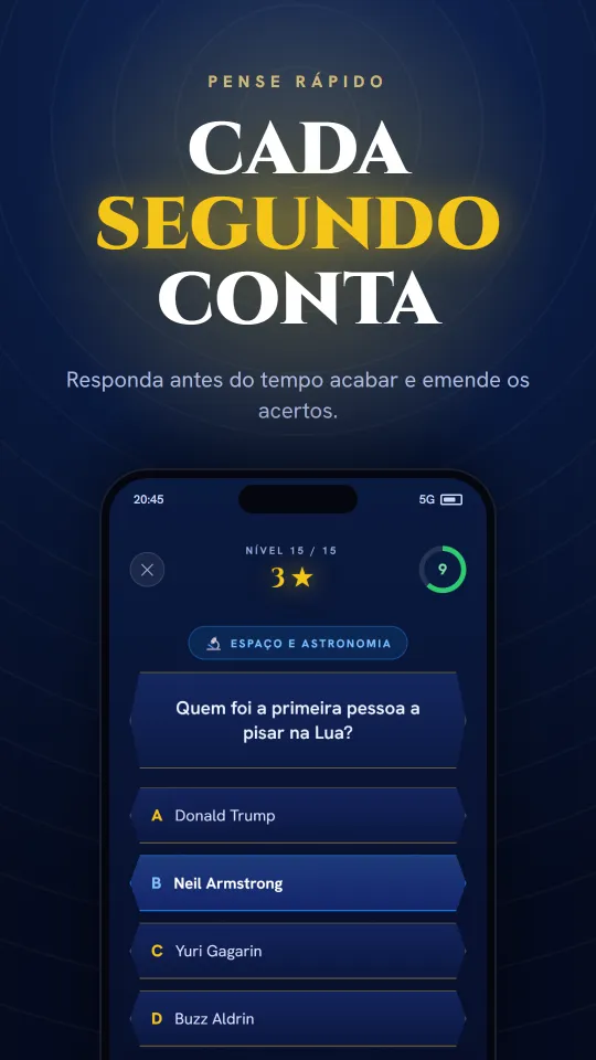 Pergunta cronometrada no app Trivia Hero: responda antes que o tempo acabe.