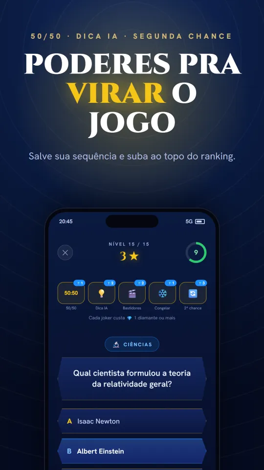 Curingas no app: 50/50, dica de IA e segunda chance para salvar sua sequência.