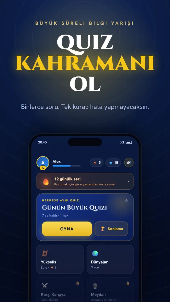 Trivia Hero uygulamasının ana ekranı: süreli yarışma, günlük seri ve Büyük Günlük Yarışma.