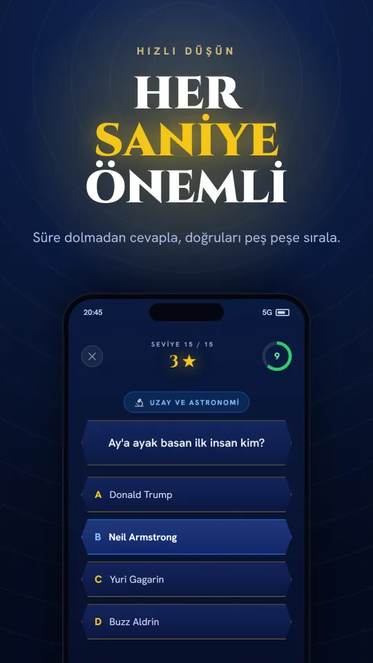 Trivia Hero uygulamasında süreli soru: süre dolmadan cevapla.