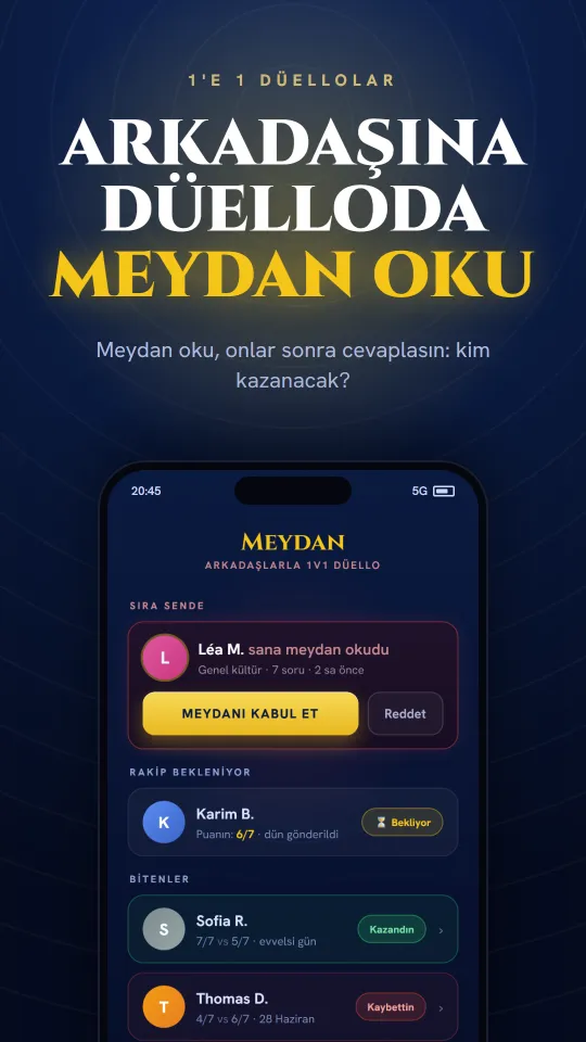 Trivia Hero'da Düello: arkadaşlarınla 1'e 1 kapış.