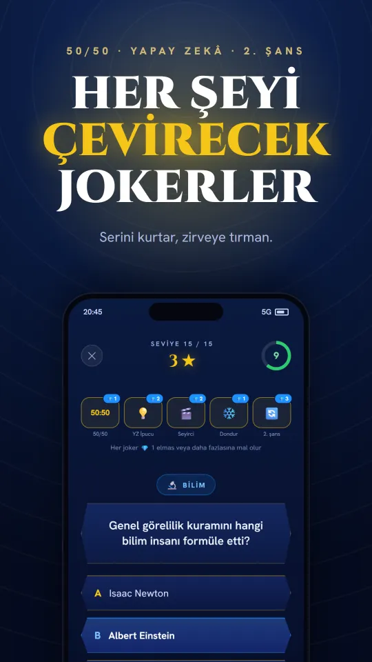 Uygulama içi jokerler: 50/50, yapay zekâ ipucu ve seriyi kurtaran ikinci şans.